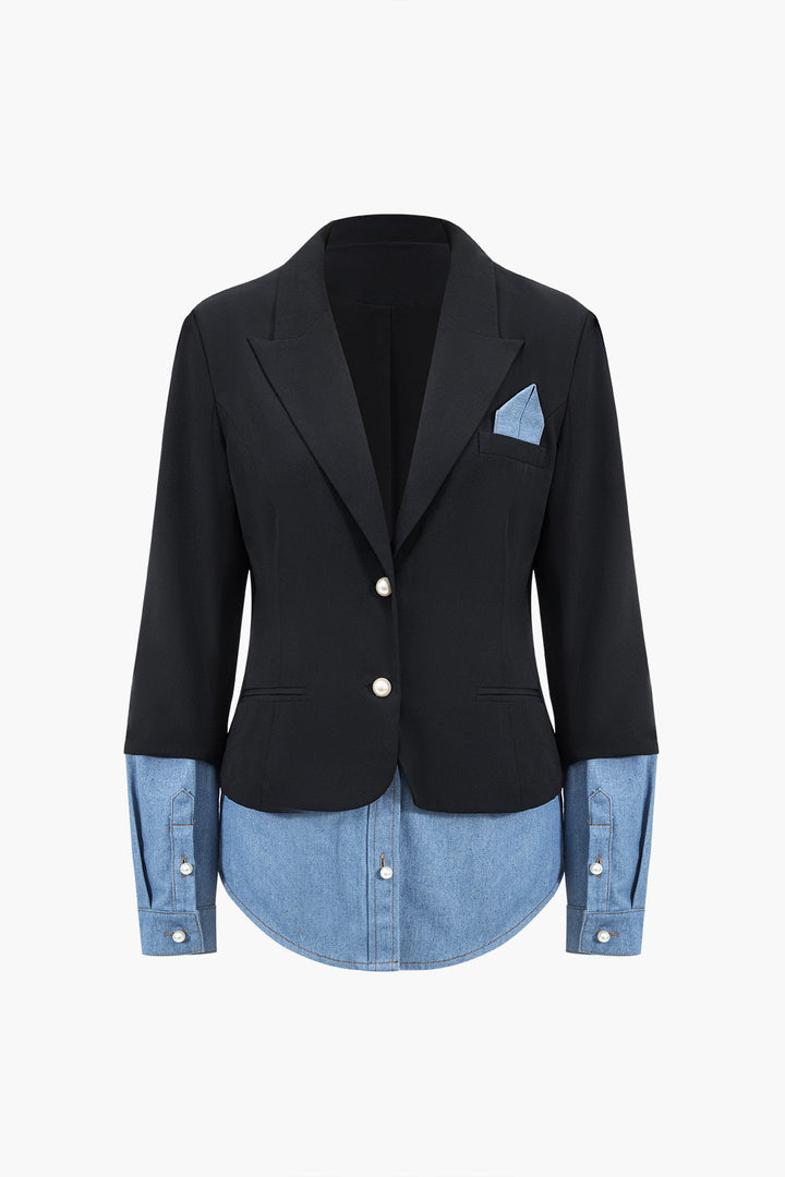 Denim-Patchwork-Blazer mit Spitzkragen